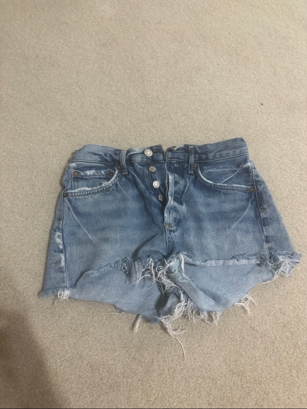 Agolde Light Blue Distressed High-Rise Denim Shorts